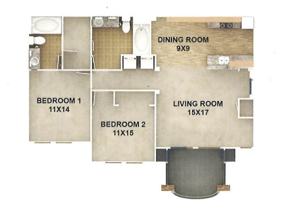 Inspirado 2 bed 2 bath 1077 square feet floor plan